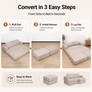 Claiks Folding Sofa Bed 180cm, 2 Seater Modular L-Shaped Chenille Sofa | 3-in-1 Convertible Design, Movable Ottoman, L-Shaped Modular Layout, Deep Seat, Small Space Solution