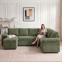 Claiks 118" Sectional Sleeper Sofa with Pull Out Bed U Shaped 7 Seat Sectional Couches for Living Room with Hidden Storage Skin Friendly Breathable Corduroy Fabric Sofa Bed for Apartment Office, Green