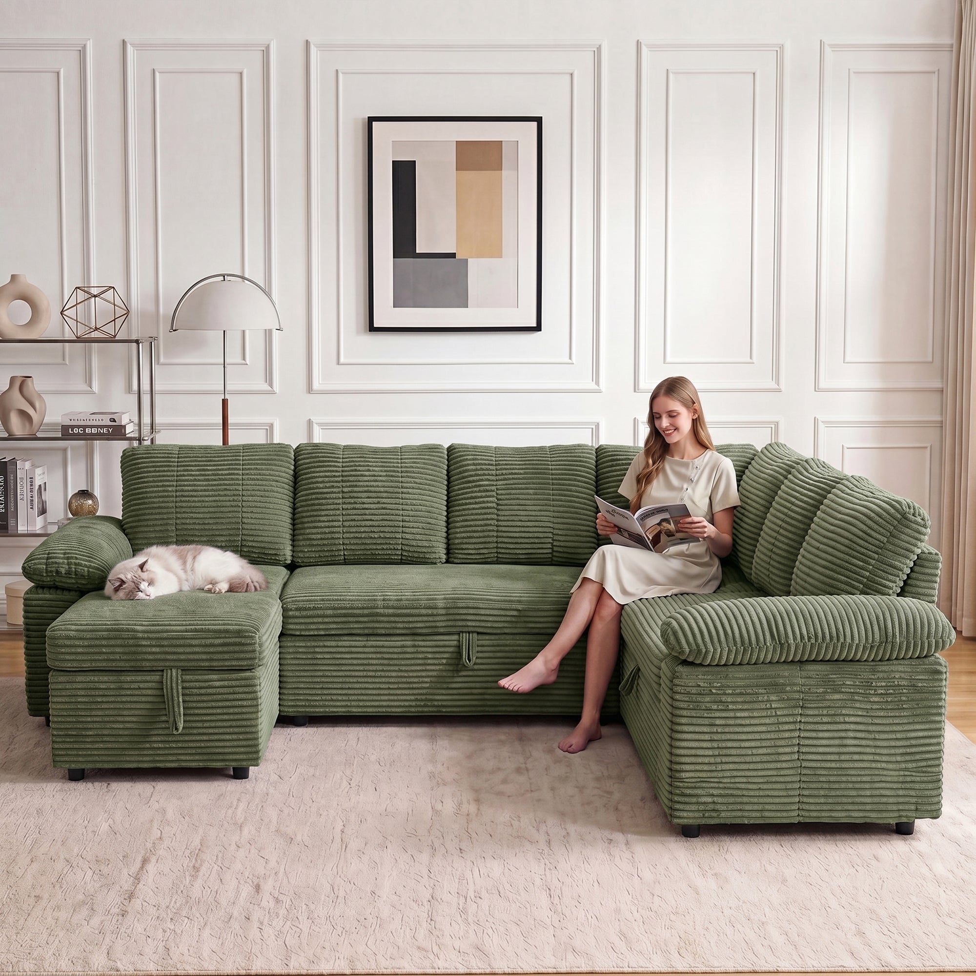 Claiks 118" Sectional Sleeper Sofa with Pull Out Bed U Shaped 7 Seat Sectional Couches for Living Room with Hidden Storage Skin Friendly Breathable Corduroy Fabric Sofa Bed for Apartment Office, Green