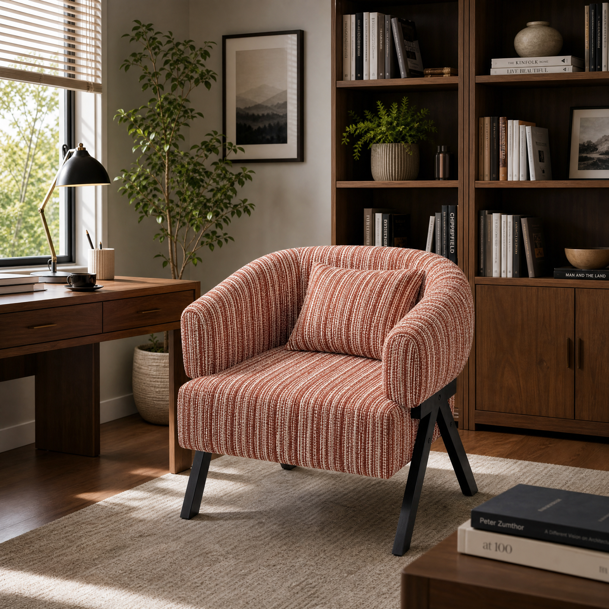 Claiks Accent Chair, Mid-Century Modern Upholstered Striped Armchair, Red | Arc backrest, 9in sponge. Solid wood V-legs hold 300lb. Striped armchair for living room, bedroom, reading nook. Ergonomic.