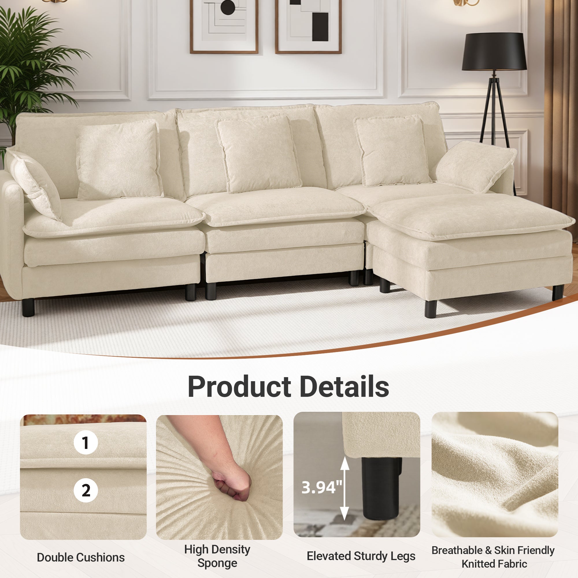 Claiks 110" Modular Sectional Sofa, Cloud Couch with Ottoman, L-Shaped 4-Seater Sofa in Chenille Fabric, Deep Seat Comfy Couch with Pillows for Living Room & Offices, Beige