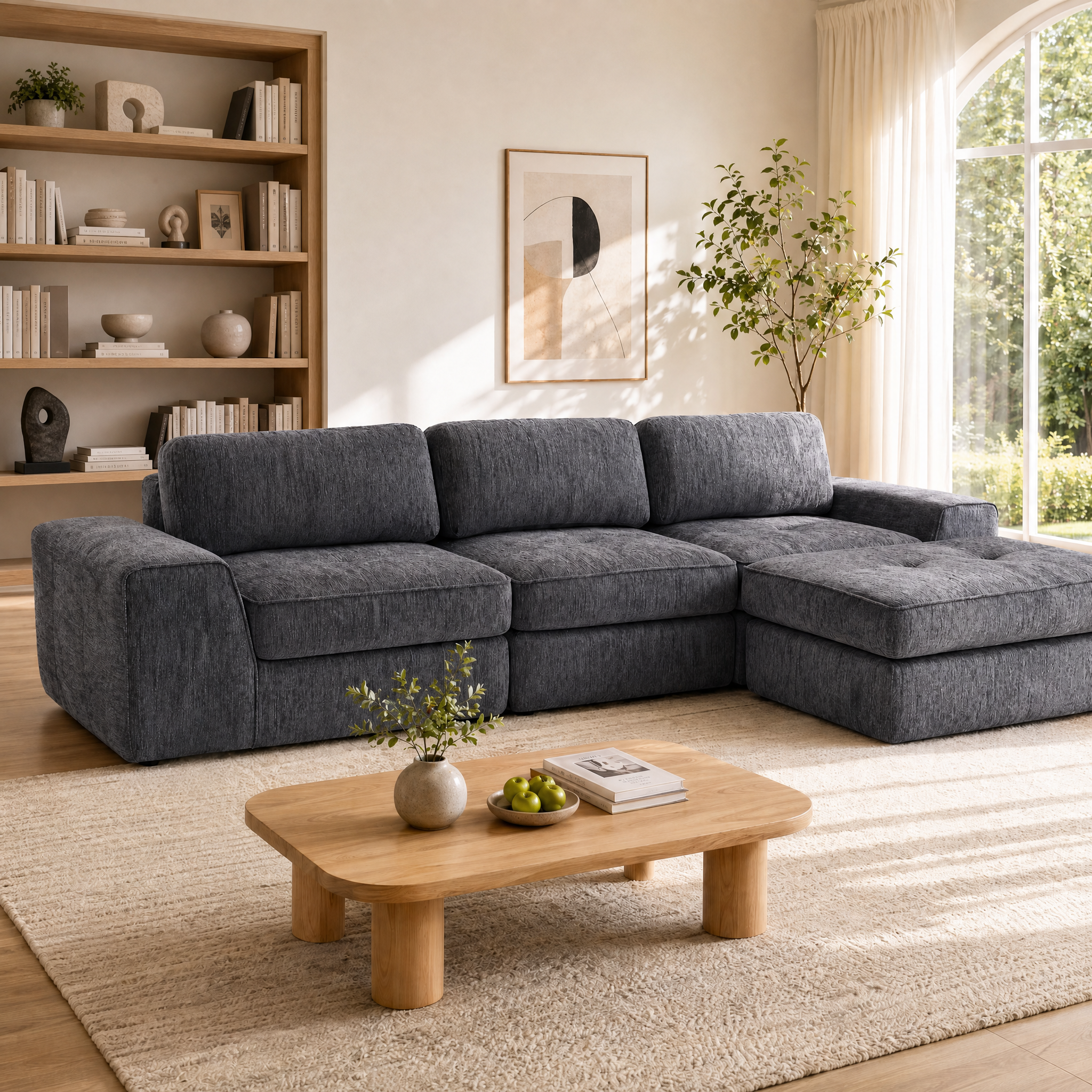 Claiks Boneless Cloud Couch Sectional Sofa, L Shaped Couch, Dark Grey | 123" oversized , wide arm, 3 Seater with Ottoman Modular Sofa, deep seat, Couches for living room, home sofa