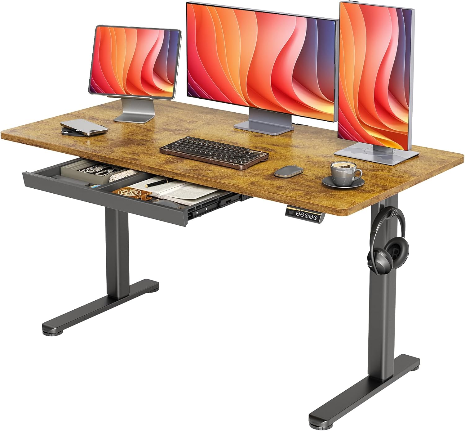 Rustic Brown 55 Inch Standing Desk with Storage Drawer, Electric Adjustable Height Computer Desk for Home Office, Gaming
