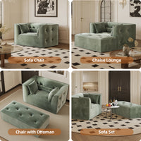 Claiks 62" Chaise Lounge Chair Indoor,Oversized Chaise Lounge for Living Room, Upholstered Boneless Chair Bed with Ottoman, Armrest and Pillows, Lounge Chair Indoor Cloud Couch, Green