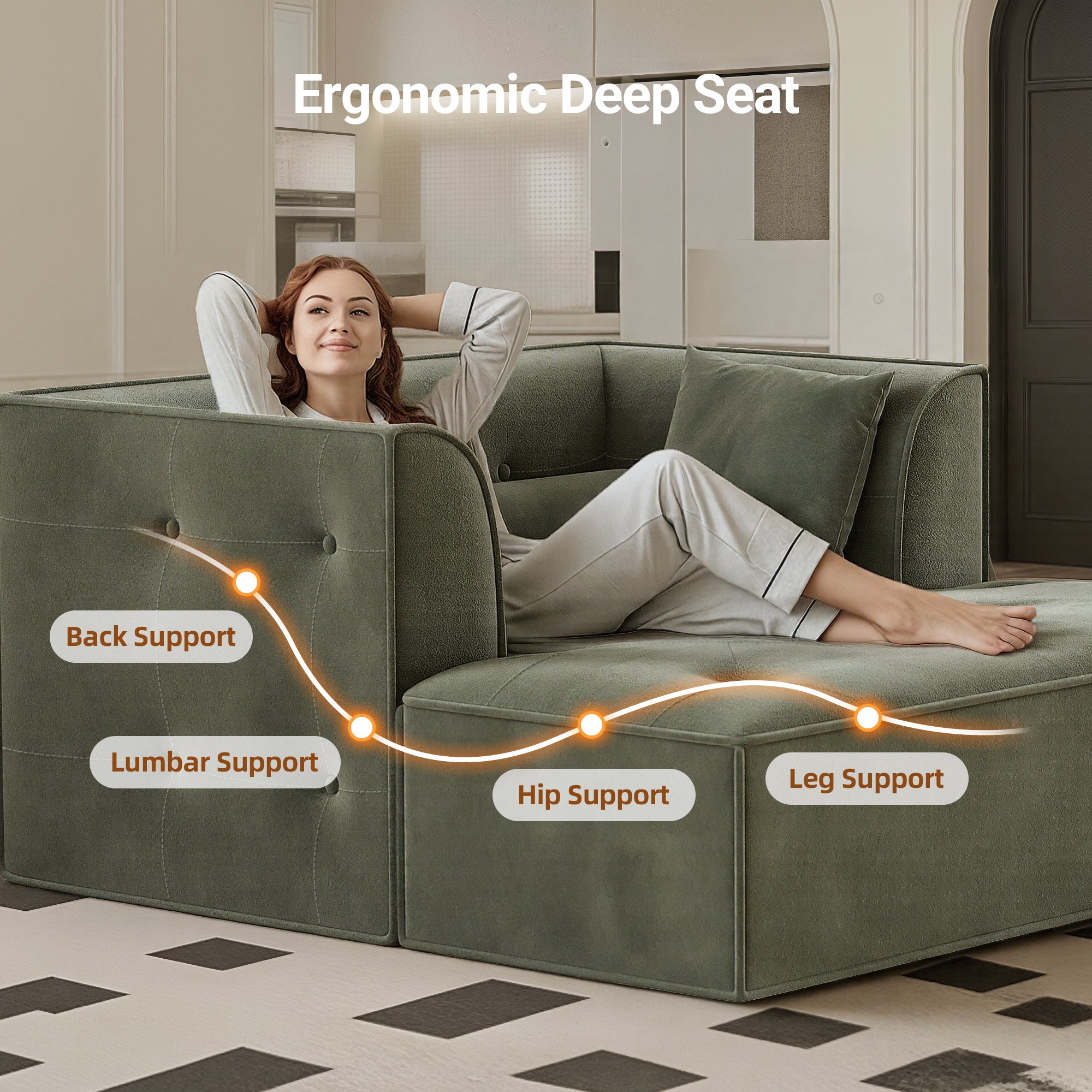 Claiks 62" Chaise Lounge Chair Indoor,Oversized Chaise Lounge for Living Room, Upholstered Boneless Chair Bed with Ottoman, Armrest and Pillows, Lounge Chair Indoor Cloud Couch, Green
