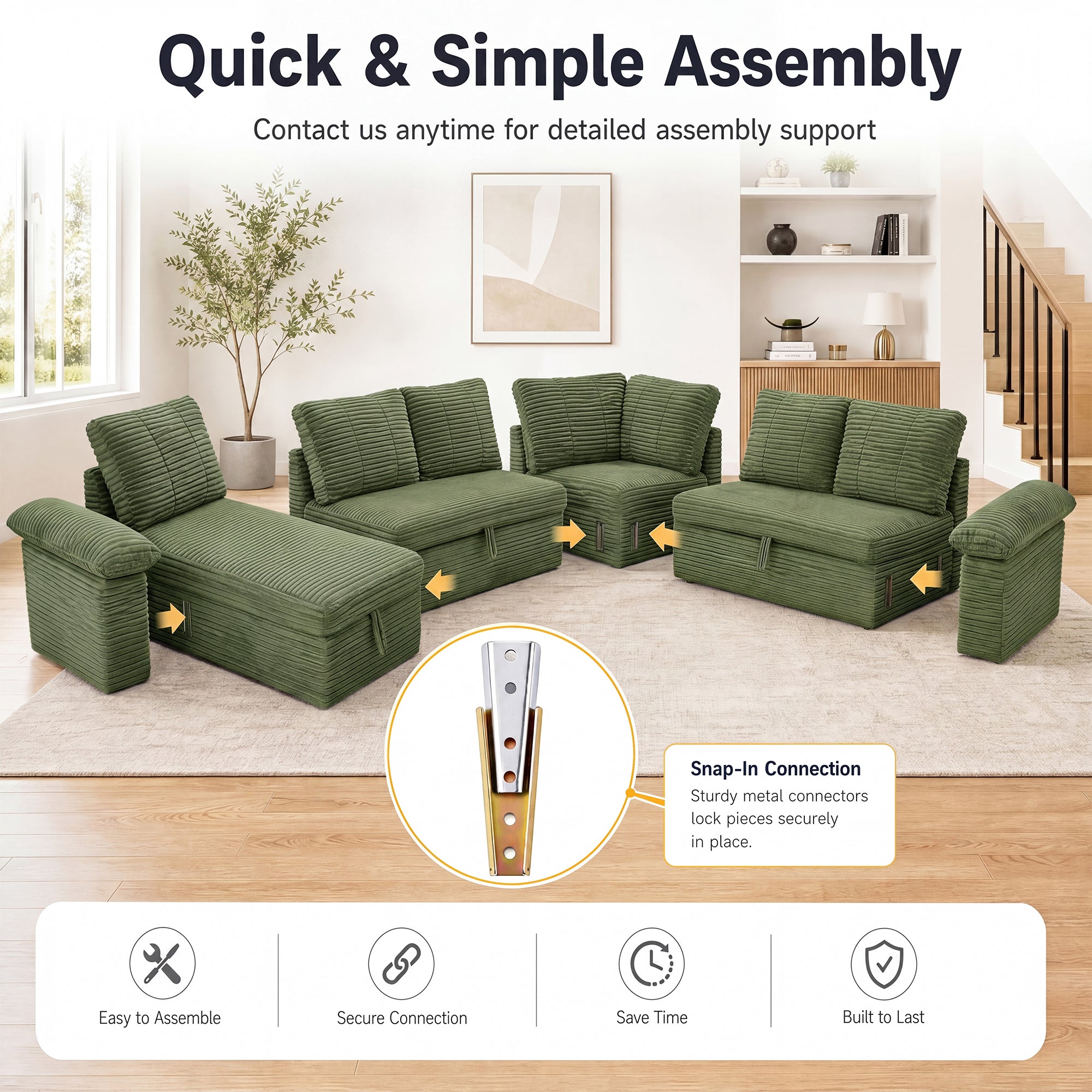 Claiks 118" Sectional Sleeper Sofa with Pull Out Bed U Shaped 7 Seat Sectional Couches for Living Room with Hidden Storage Skin Friendly Breathable Corduroy Fabric Sofa Bed for Apartment Office, Green