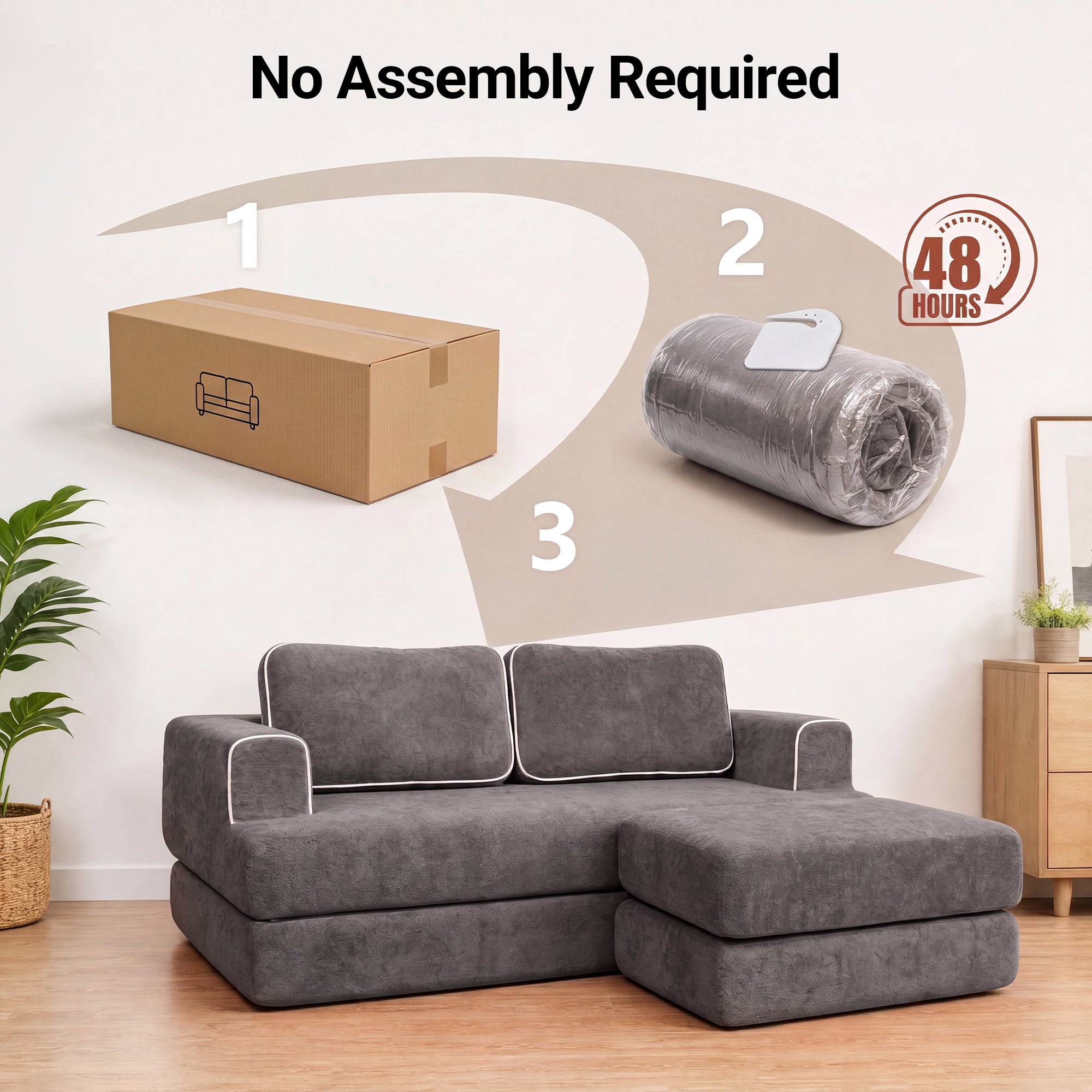 Claiks Futon Sofa Bed, Boneless L-Shaped Floor Couch with Ottoman, Darkgrey | Sleeper Sofa Bed with Movable Ottoman and 2 Pillows, Sectional Love Seat Couches for Living Room, No Assembly
