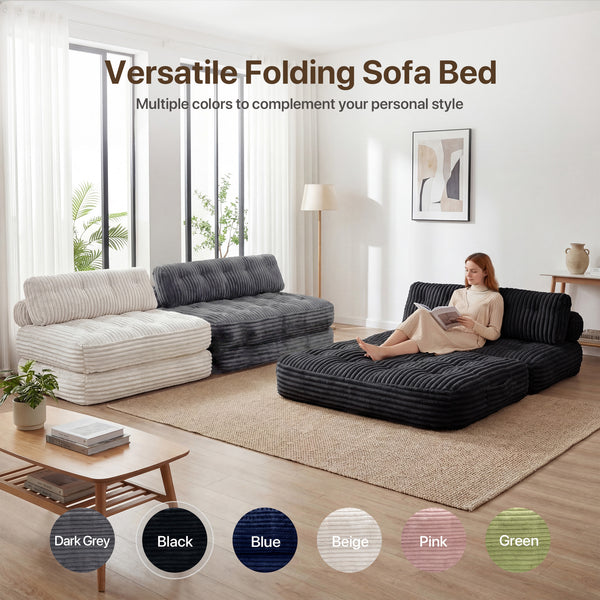 Claiks Chair Bed Single Sofa Bed with Pillow, Corduroy,  Soft corduroy fabric, ideal for guest rooms and small spaces, supportive shredded foam, folds into a comfy chair or bed