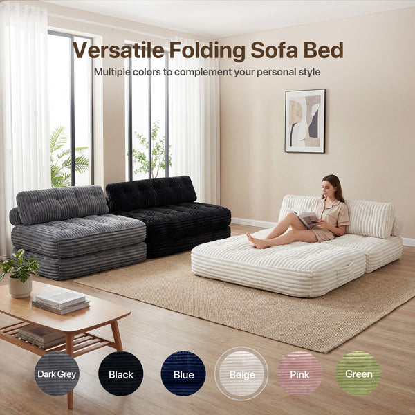 Claiks Chair Bed Single Sofa Bed with Pillow, Corduroy,  Soft corduroy fabric, ideal for guest rooms and small spaces, supportive shredded foam, folds into a comfy chair or bed