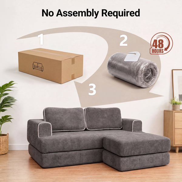 Claiks Folding Sofa Bed 180cm, 2 Seater Modular L-Shaped Chenille Sofa | 3-in-1 Convertible Design, Movable Ottoman, L-Shaped Modular Layout, Deep Seat, Small Space Solution