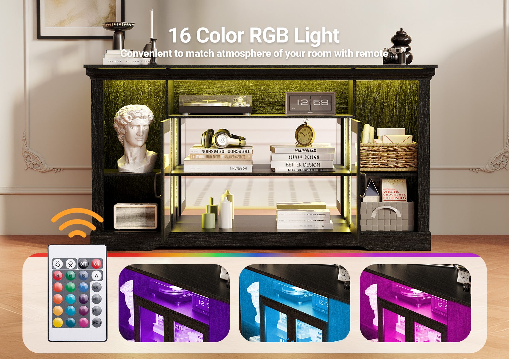 Blcak Modern TV Stand with LED Lights for 65 Inch TV, Vintage Tall TV Cabinets with Storage and Adjustable Shelves, Retor Entertainment Center with Glass Doors for Living Room and Bedroom