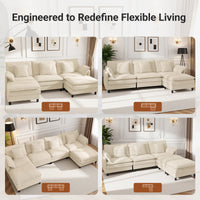 Claiks 110" Modular Sectional Sofa, Cloud Couch with Ottoman, L-Shaped 4-Seater Sofa in Chenille Fabric, Deep Seat Comfy Couch with Pillows for Living Room & Offices, Beige