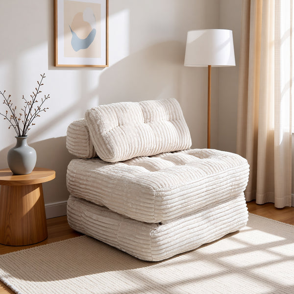 Claiks Chair Bed Single Sofa Bed with Pillow, Corduroy,  Soft corduroy fabric, ideal for guest rooms and small spaces, supportive shredded foam, folds into a comfy chair or bed