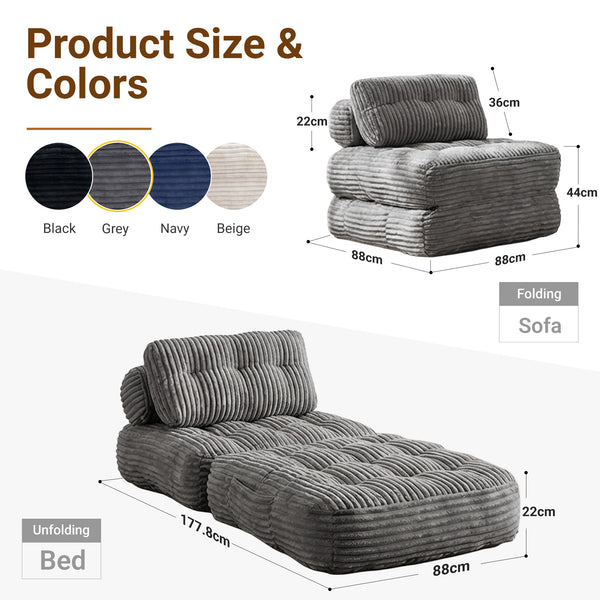 Claiks Chair Bed Single Sofa Bed with Pillow, Corduroy,  Soft corduroy fabric, ideal for guest rooms and small spaces, supportive shredded foam, folds into a comfy chair or bed