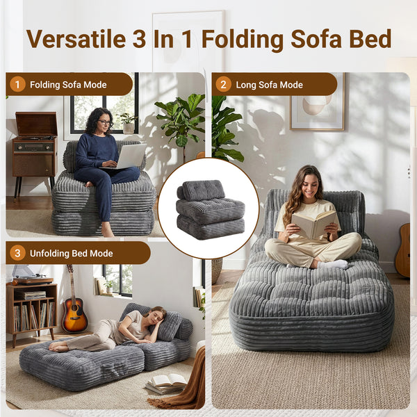 Claiks Chair Bed Single Sofa Bed with Pillow, Corduroy,  Soft corduroy fabric, ideal for guest rooms and small spaces, supportive shredded foam, folds into a comfy chair or bed