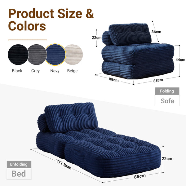 Claiks Chair Bed Single Sofa Bed with Pillow, Corduroy,  Soft corduroy fabric, ideal for guest rooms and small spaces, supportive shredded foam, folds into a comfy chair or bed