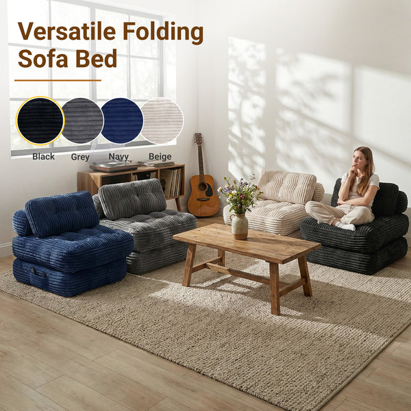 Claiks Chair Bed Single Sofa Bed with Pillow, Corduroy,  Soft corduroy fabric, ideal for guest rooms and small spaces, supportive shredded foam, folds into a comfy chair or bed