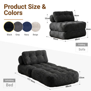 Claiks Chair Bed Single Sofa Bed with Pillow, Corduroy,  Soft corduroy fabric, ideal for guest rooms and small spaces, supportive shredded foam, folds into a comfy chair or bed