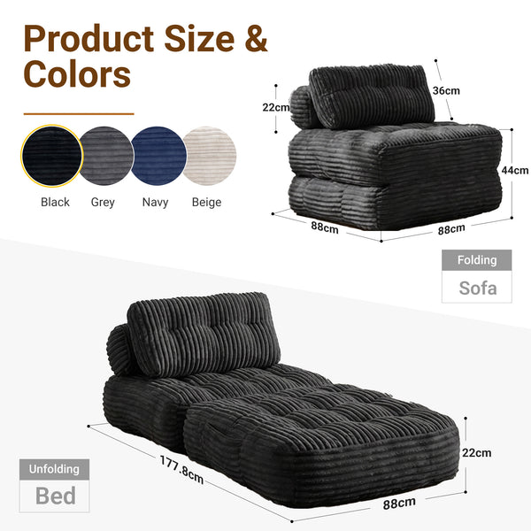 Claiks Chair Bed Single Sofa Bed with Pillow, Corduroy,  Soft corduroy fabric, ideal for guest rooms and small spaces, supportive shredded foam, folds into a comfy chair or bed