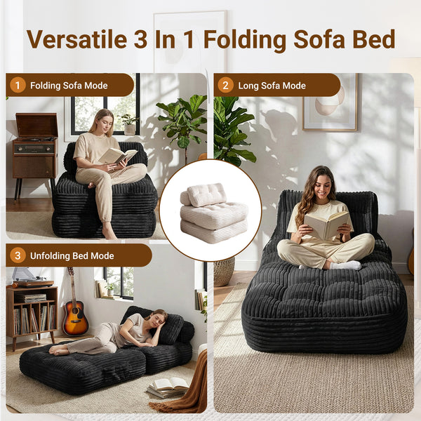 Claiks Chair Bed Single Sofa Bed with Pillow, Corduroy,  Soft corduroy fabric, ideal for guest rooms and small spaces, supportive shredded foam, folds into a comfy chair or bed