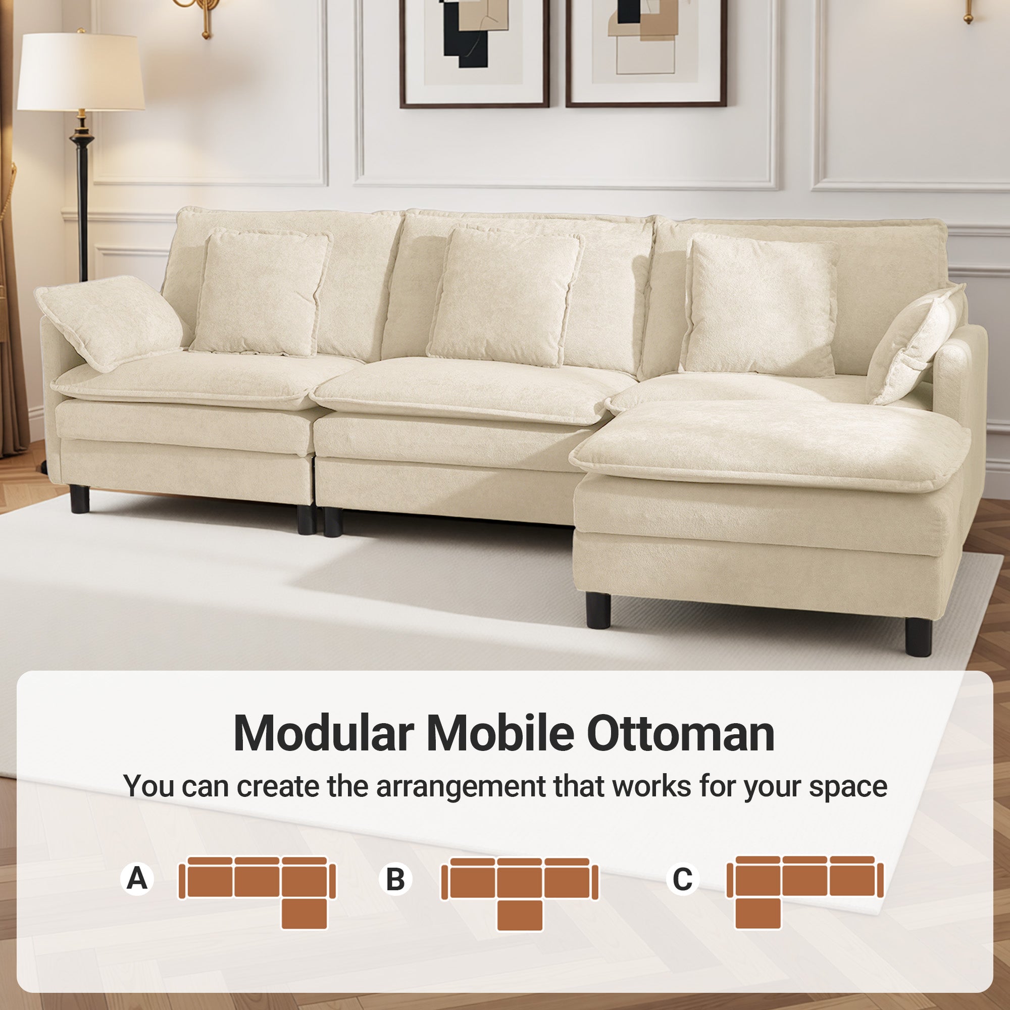 Claiks 110" Modular Sectional Sofa, Cloud Couch with Ottoman, L-Shaped 4-Seater Sofa in Chenille Fabric, Deep Seat Comfy Couch with Pillows for Living Room & Offices, Beige