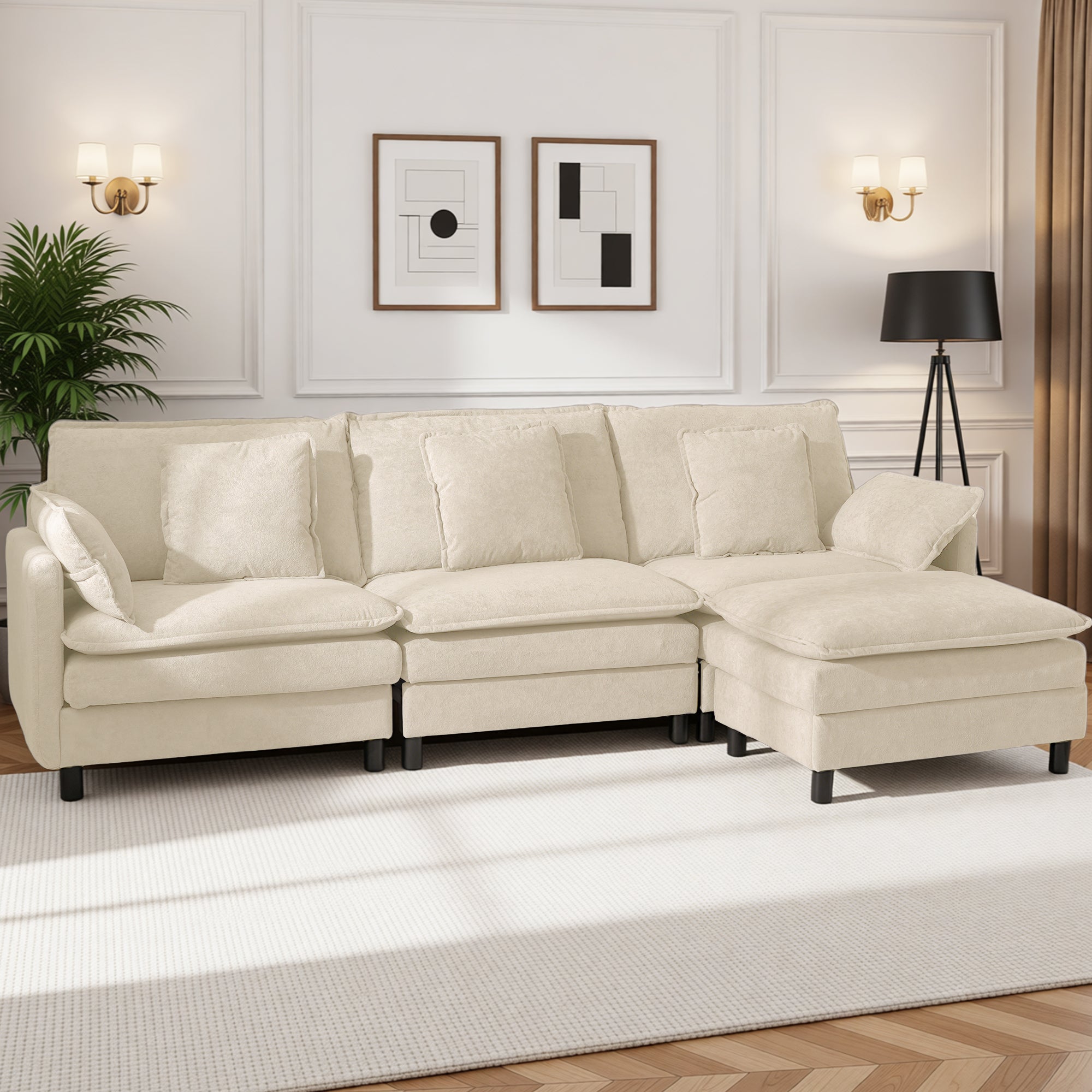 Claiks 110" Modular Sectional Sofa, Cloud Couch with Ottoman, L-Shaped 4-Seater Sofa in Chenille Fabric, Deep Seat Comfy Couch with Pillows for Living Room & Offices, Beige
