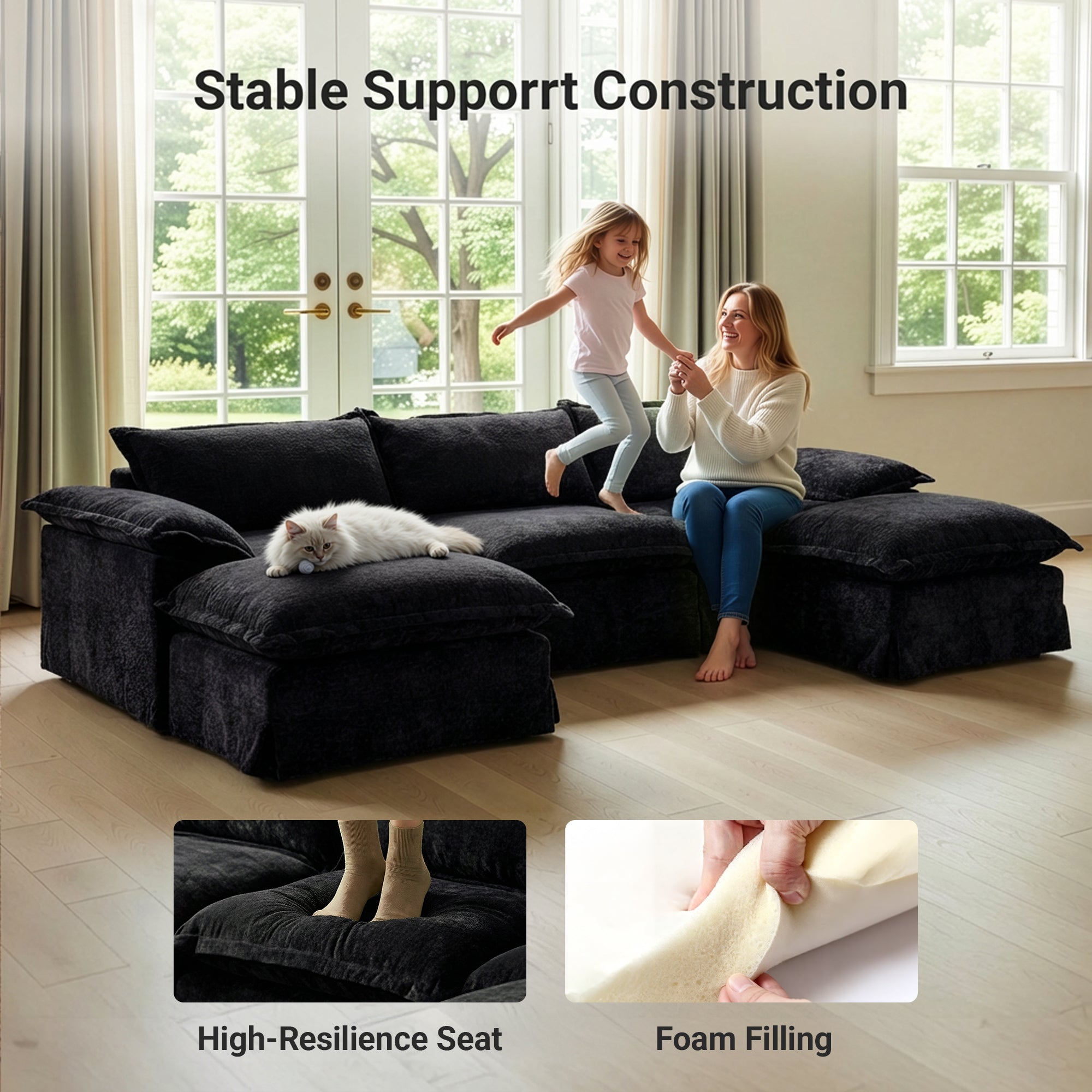 Claiks 157" Modular Sectional Sofa,U Shaped Couch for Living Room,Modern Deep Seat Sofa 4 Seater Chenille Fabric Comfy Cloud Couches with Movable Ottoman, Beige