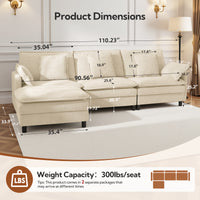 Claiks 110" Modular Sectional Sofa, Cloud Couch with Ottoman, L-Shaped 4-Seater Sofa in Chenille Fabric, Deep Seat Comfy Couch with Pillows for Living Room & Offices, Beige
