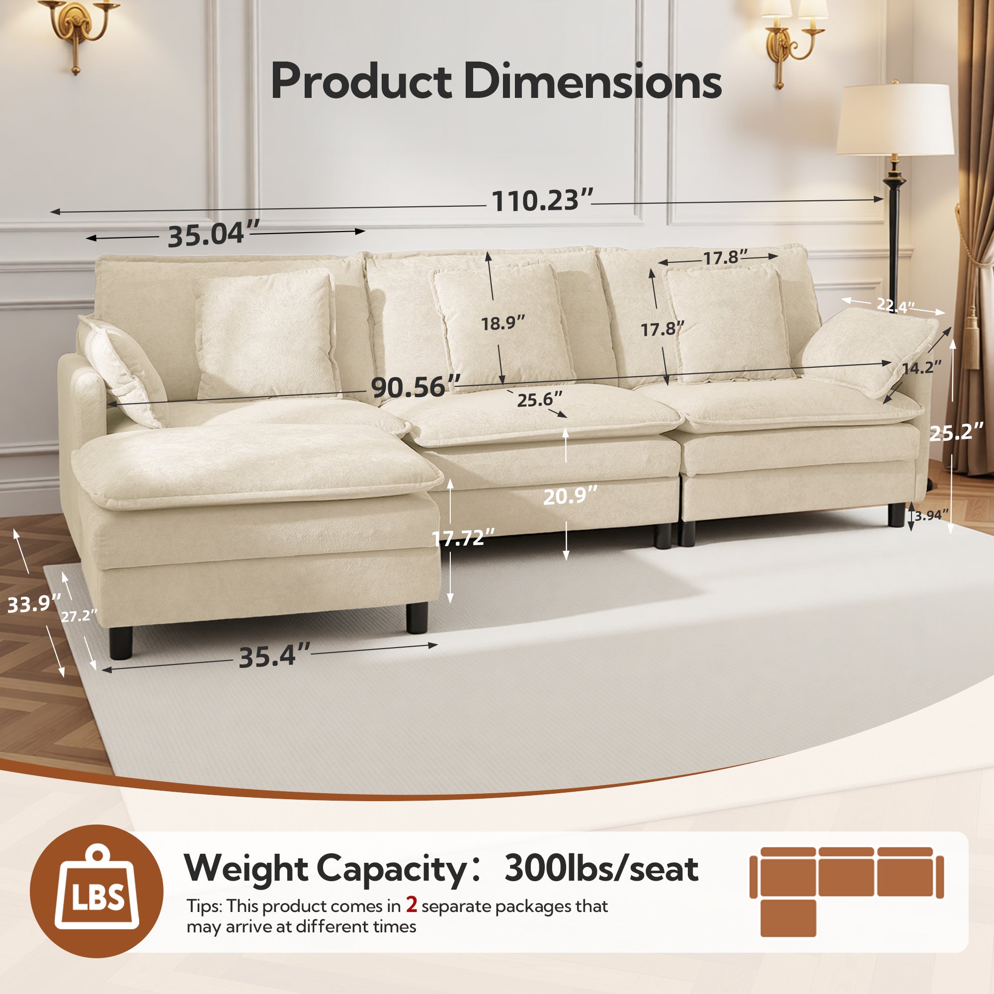 Claiks 110" Modular Sectional Sofa, Cloud Couch with Ottoman, L-Shaped 4-Seater Sofa in Chenille Fabric, Deep Seat Comfy Couch with Pillows for Living Room & Offices, Beige