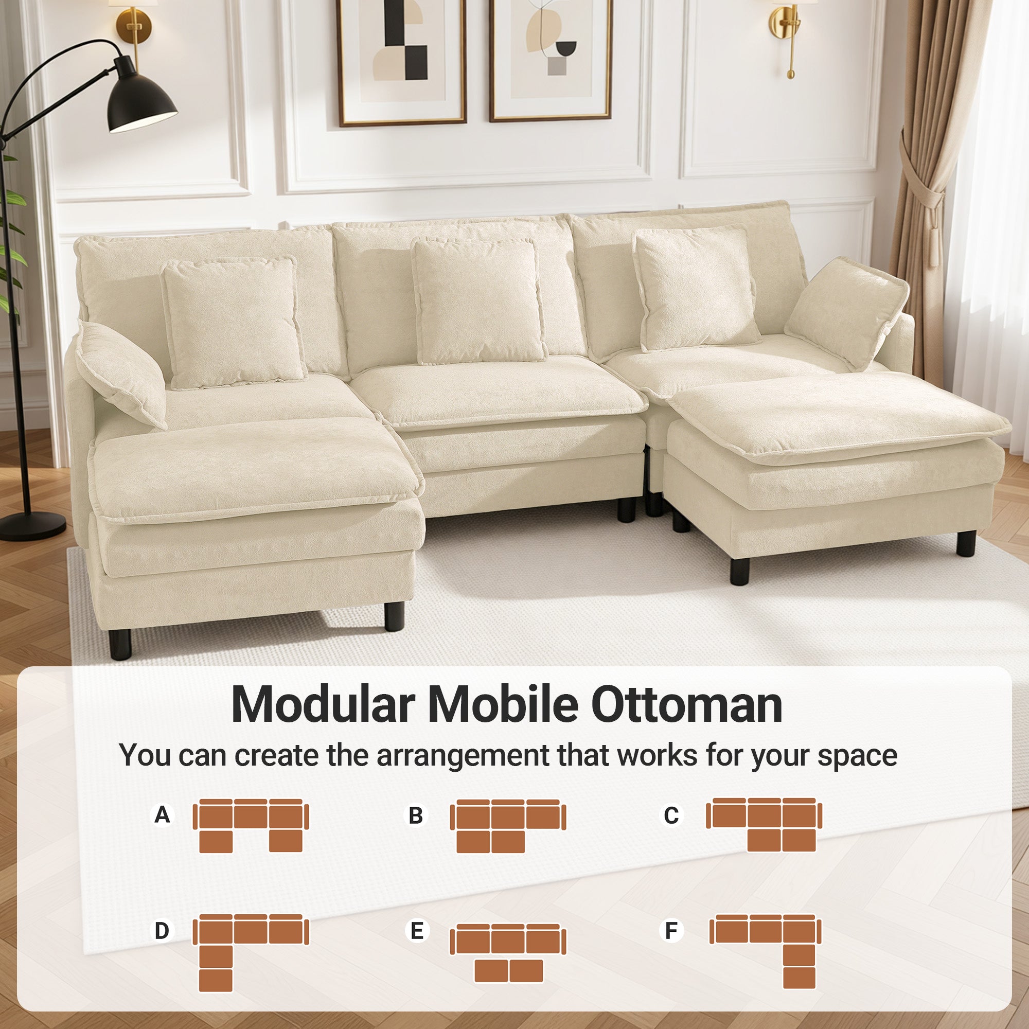 Claiks 110" Modular Sectional Sofa, Cloud Couch with Ottoman, L-Shaped 4-Seater Sofa in Chenille Fabric, Deep Seat Comfy Couch with Pillows for Living Room & Offices, Beige