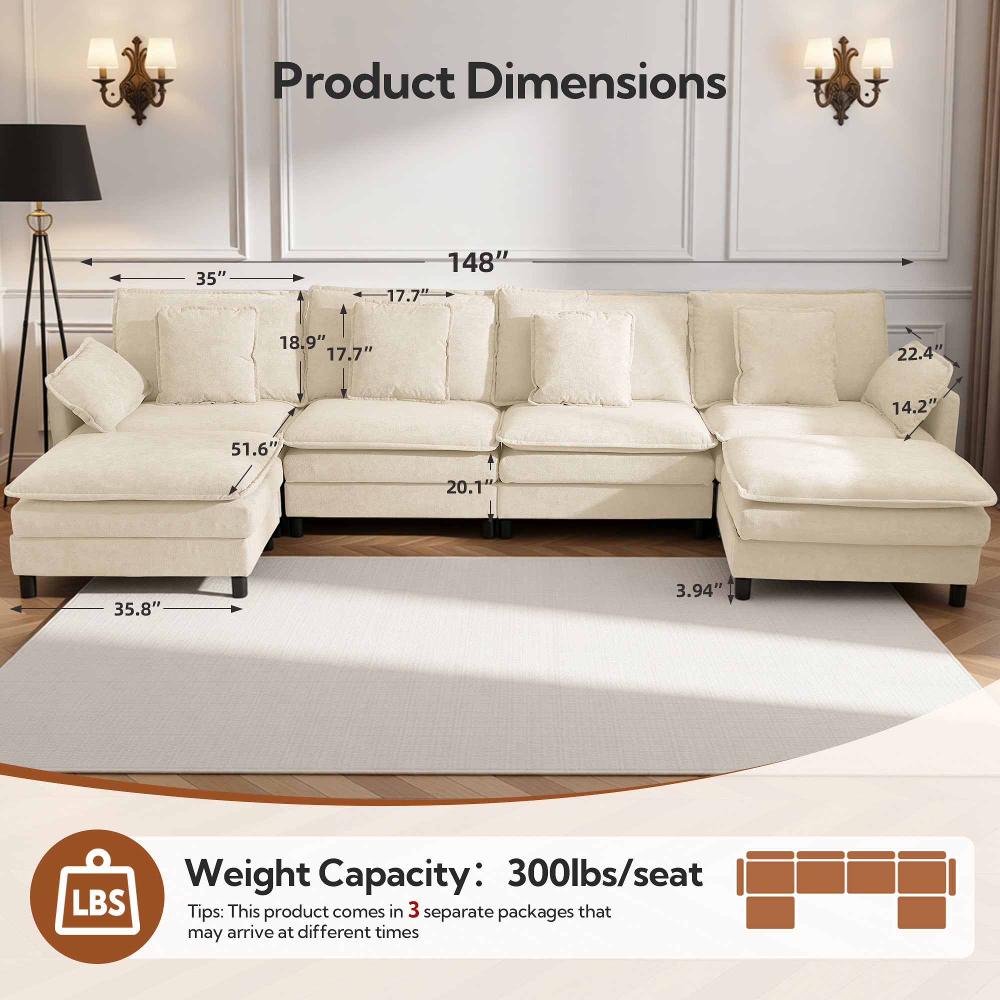 Claiks 110" Modular Sectional Sofa, Cloud Couch with Ottoman, L-Shaped 4-Seater Sofa in Chenille Fabric, Deep Seat Comfy Couch with Pillows for Living Room & Offices, Beige