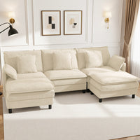 Claiks 110" Modular Sectional Sofa, Cloud Couch with Ottoman, L-Shaped 4-Seater Sofa in Chenille Fabric, Deep Seat Comfy Couch with Pillows for Living Room & Offices, Beige