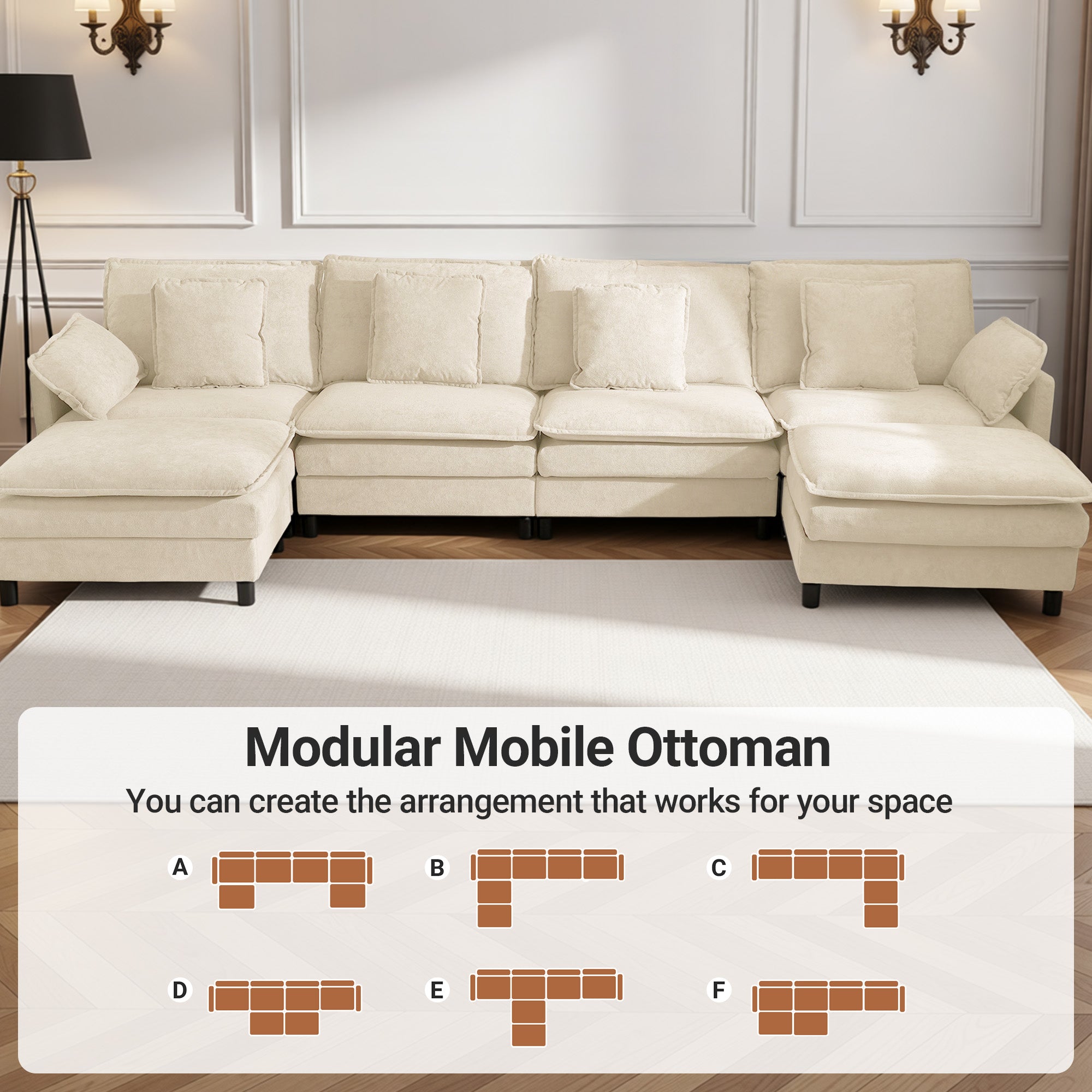 Claiks 110" Modular Sectional Sofa, Cloud Couch with Ottoman, L-Shaped 4-Seater Sofa in Chenille Fabric, Deep Seat Comfy Couch with Pillows for Living Room & Offices, Beige