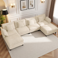 Claiks 110" Modular Sectional Sofa, Cloud Couch with Ottoman, L-Shaped 4-Seater Sofa in Chenille Fabric, Deep Seat Comfy Couch with Pillows for Living Room & Offices, Beige