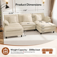 Claiks 110" Modular Sectional Sofa, Cloud Couch with Ottoman, L-Shaped 4-Seater Sofa in Chenille Fabric, Deep Seat Comfy Couch with Pillows for Living Room & Offices, Beige