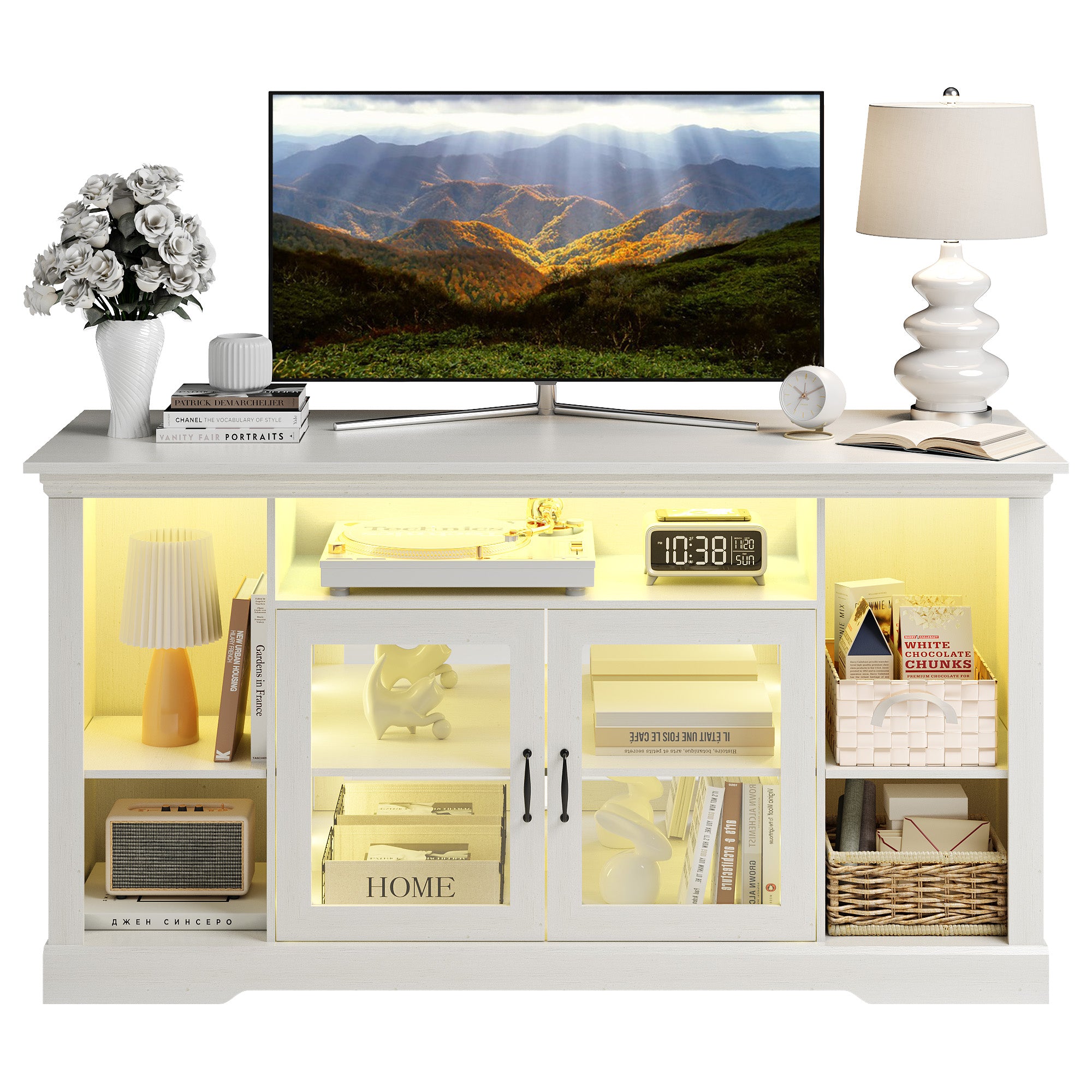 Blcak Modern TV Stand with LED Lights for 65 Inch TV, Vintage Tall TV Cabinets with Storage and Adjustable Shelves, Retor Entertainment Center with Glass Doors for Living Room and Bedroom