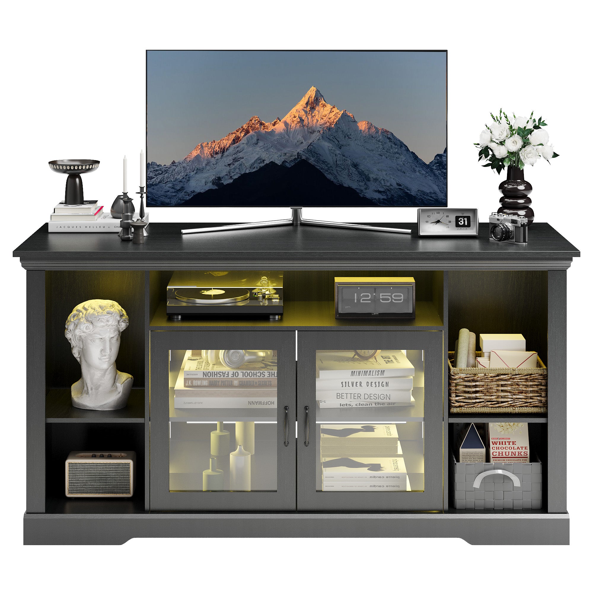 Blcak Modern TV Stand with LED Lights for 65 Inch TV, Vintage Tall TV Cabinets with Storage and Adjustable Shelves, Retor Entertainment Center with Glass Doors for Living Room and Bedroom