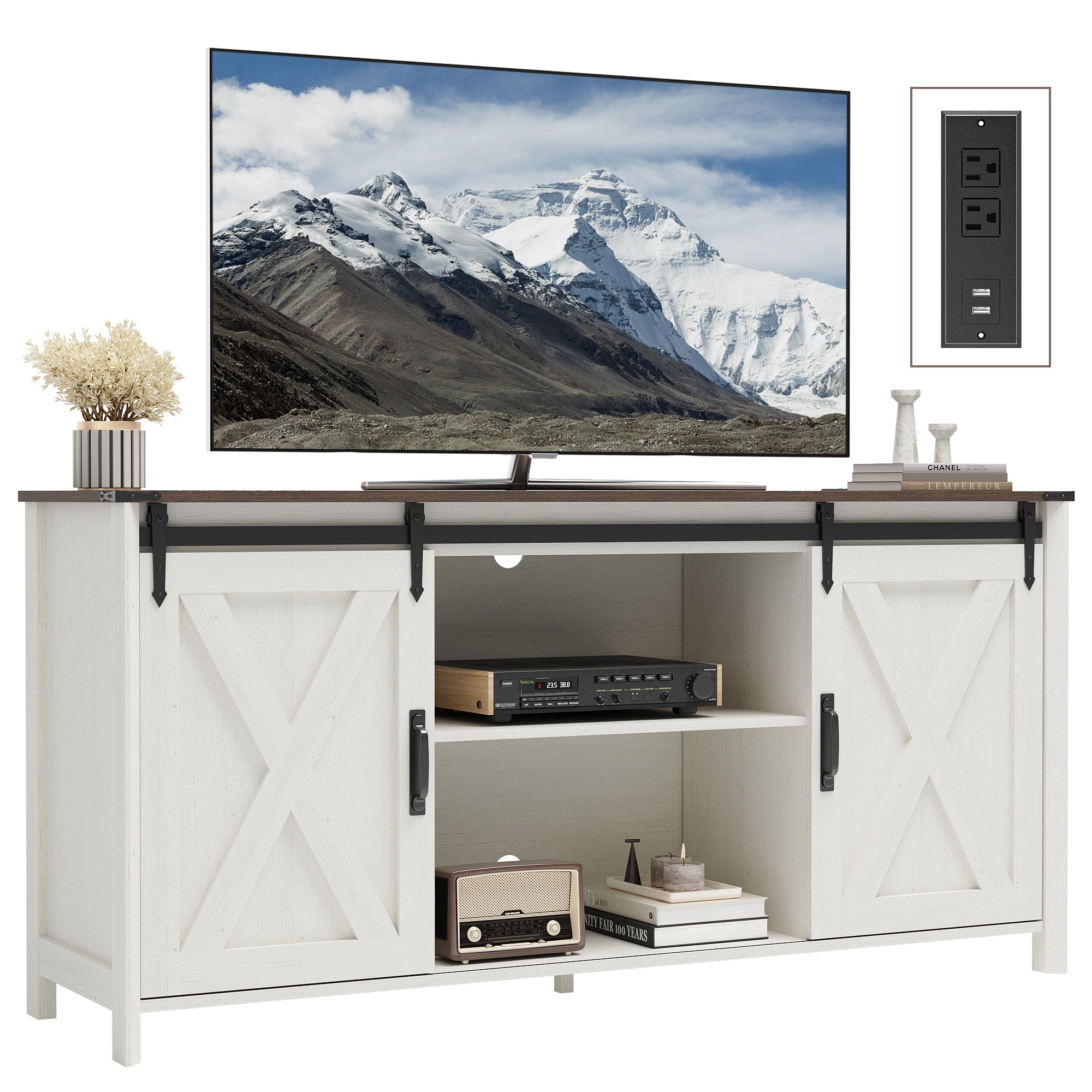 Claiks Farmhouse TV Stand for TV up to 70 inch, Modern Entertainment Center with Sliding Barn Doors and Storage Cabinets, Rustic Media TV Console Table with Adjustable Shelve for Living Room, Brown
