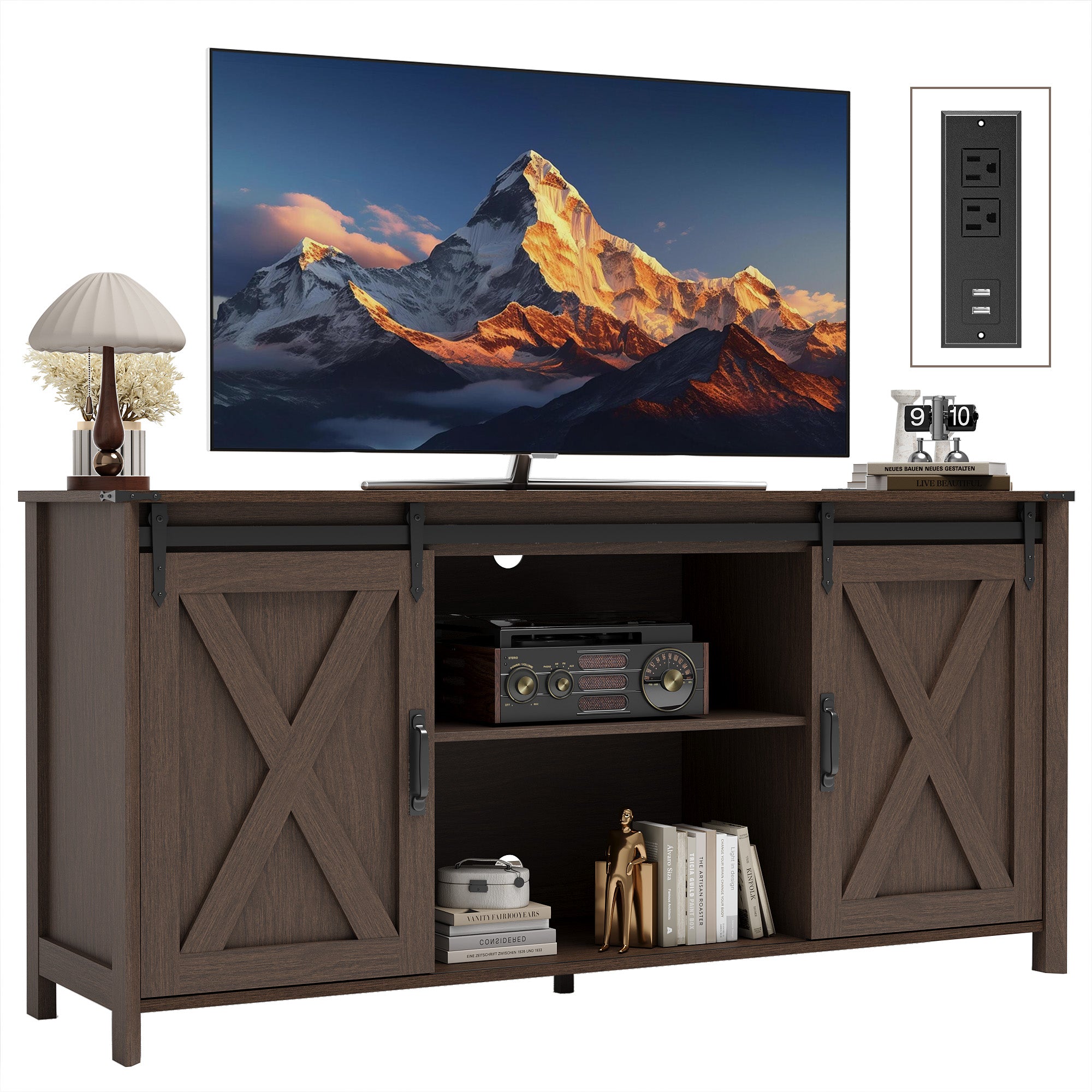 Claiks Farmhouse TV Stand for TV up to 70 inch, Modern Entertainment Center with Sliding Barn Doors and Storage Cabinets, Rustic Media TV Console Table with Adjustable Shelve for Living Room, Brown