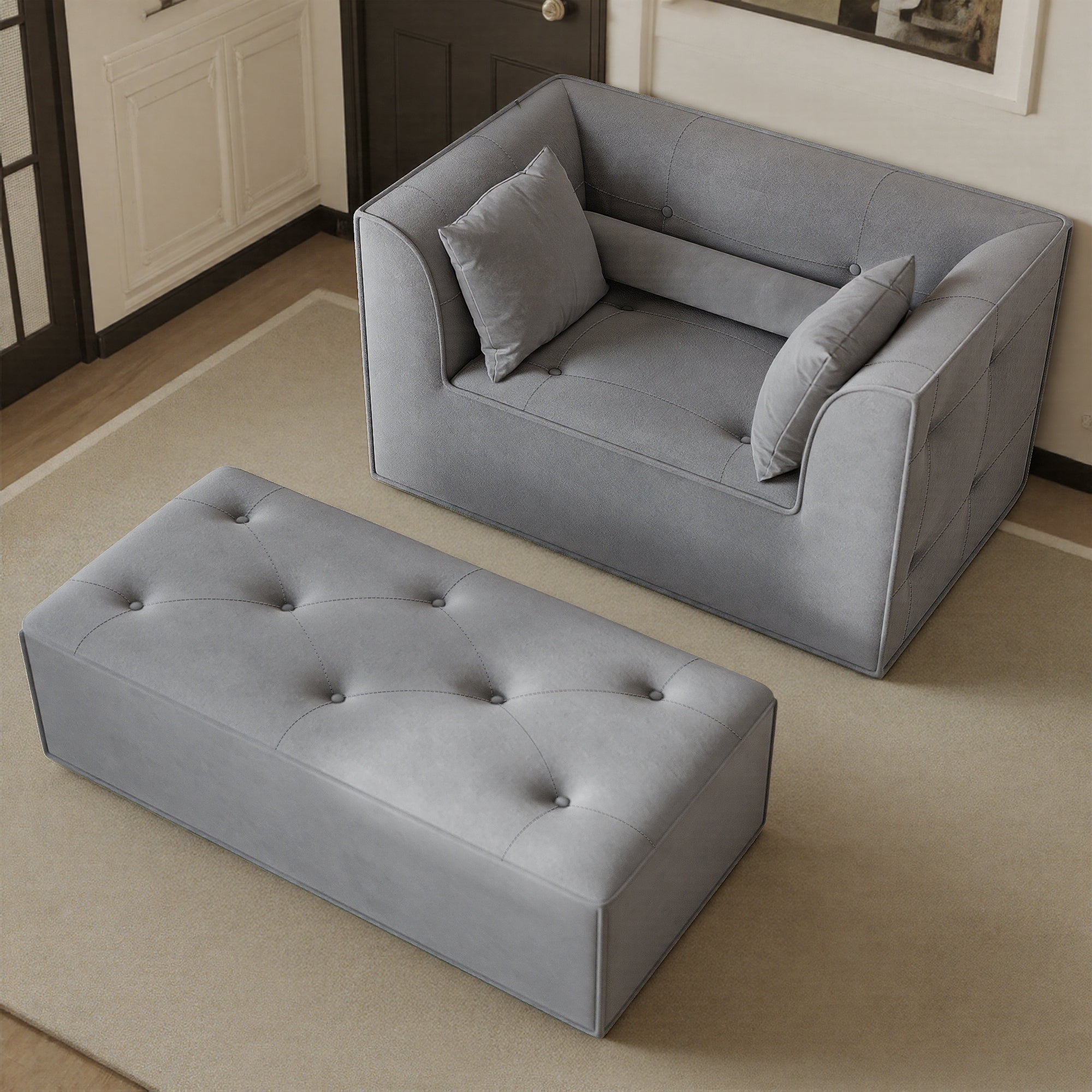 Claiks 62" Chaise Lounge Chair Indoor,Oversized Chaise Lounge for Living Room, Upholstered Boneless Chair Bed with Ottoman, Armrest and Pillows, Lounge Chair Indoor Cloud Couch, Green