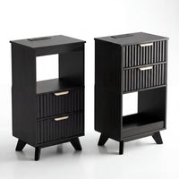 Avelia Fluted Wood Nightstand with Built-in Charging Station - Innovar