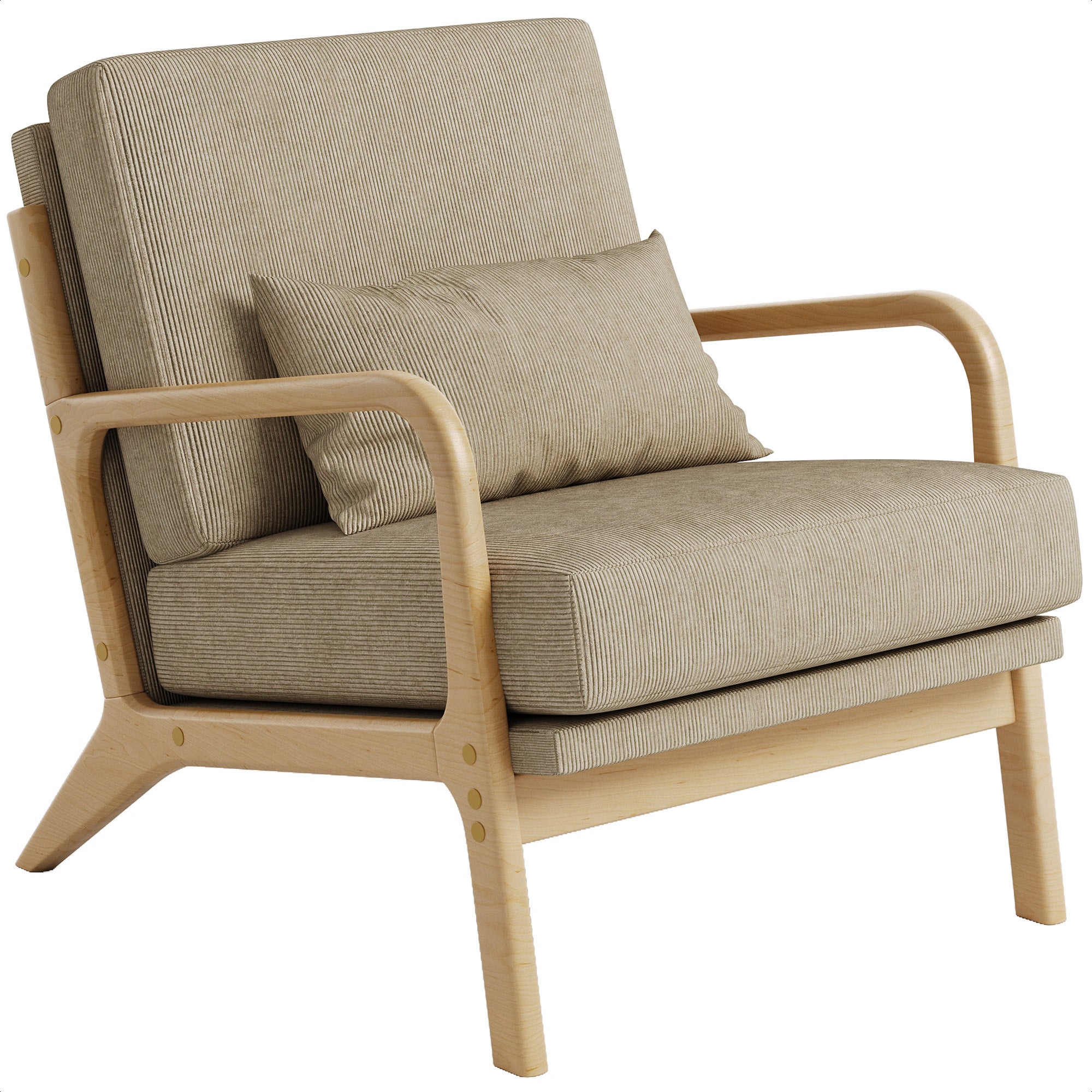 Claiks Mid-Century Modern Accent Chair, Living Room Armchair with Solid Wood Frame & Lumbar Pillow, Comfy Upholstered Lounge Chair for Bedroom, Office, Corduroy, Beige