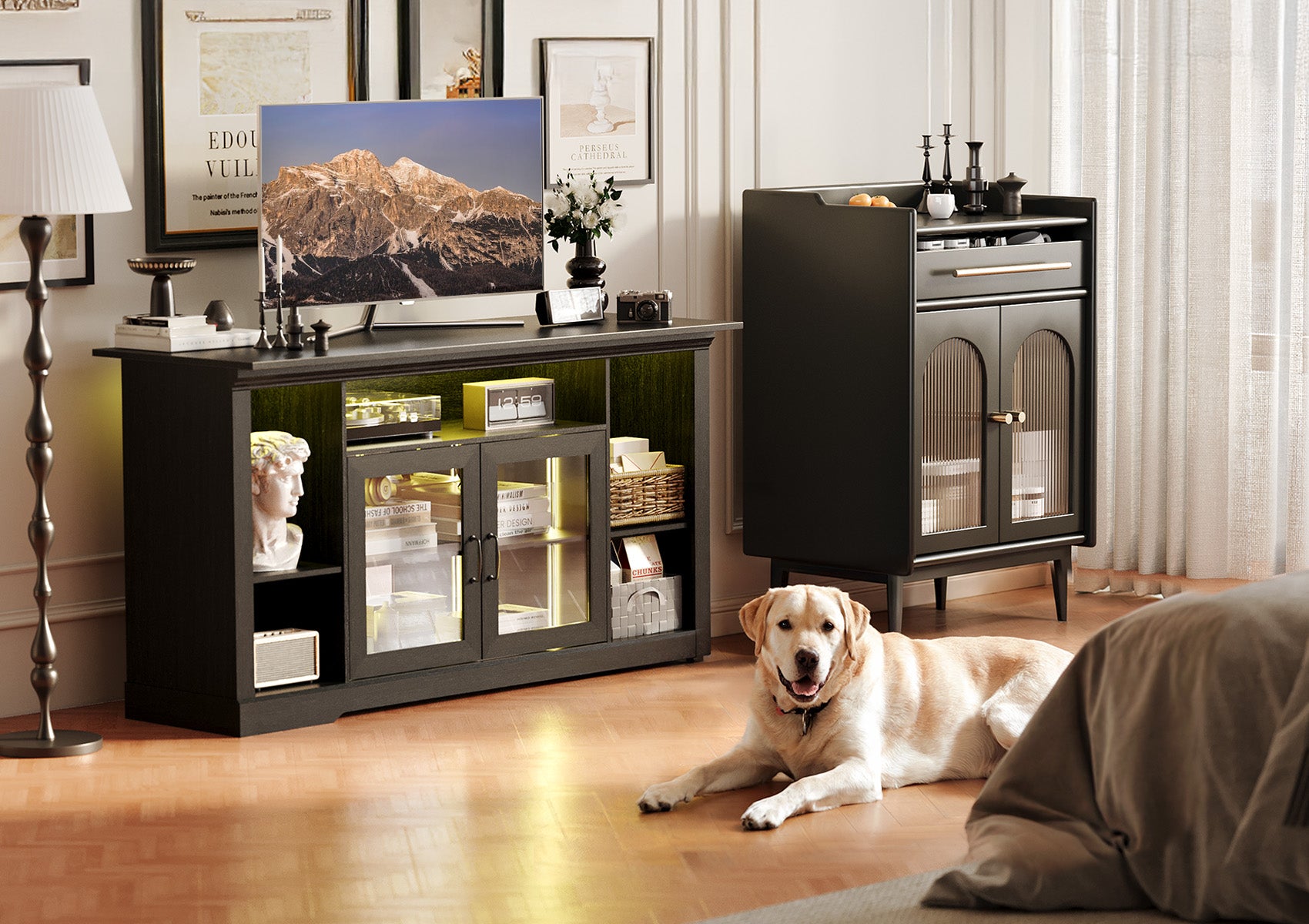 Blcak Modern TV Stand with LED Lights for 65 Inch TV, Vintage Tall TV Cabinets with Storage and Adjustable Shelves, Retor Entertainment Center with Glass Doors for Living Room and Bedroom