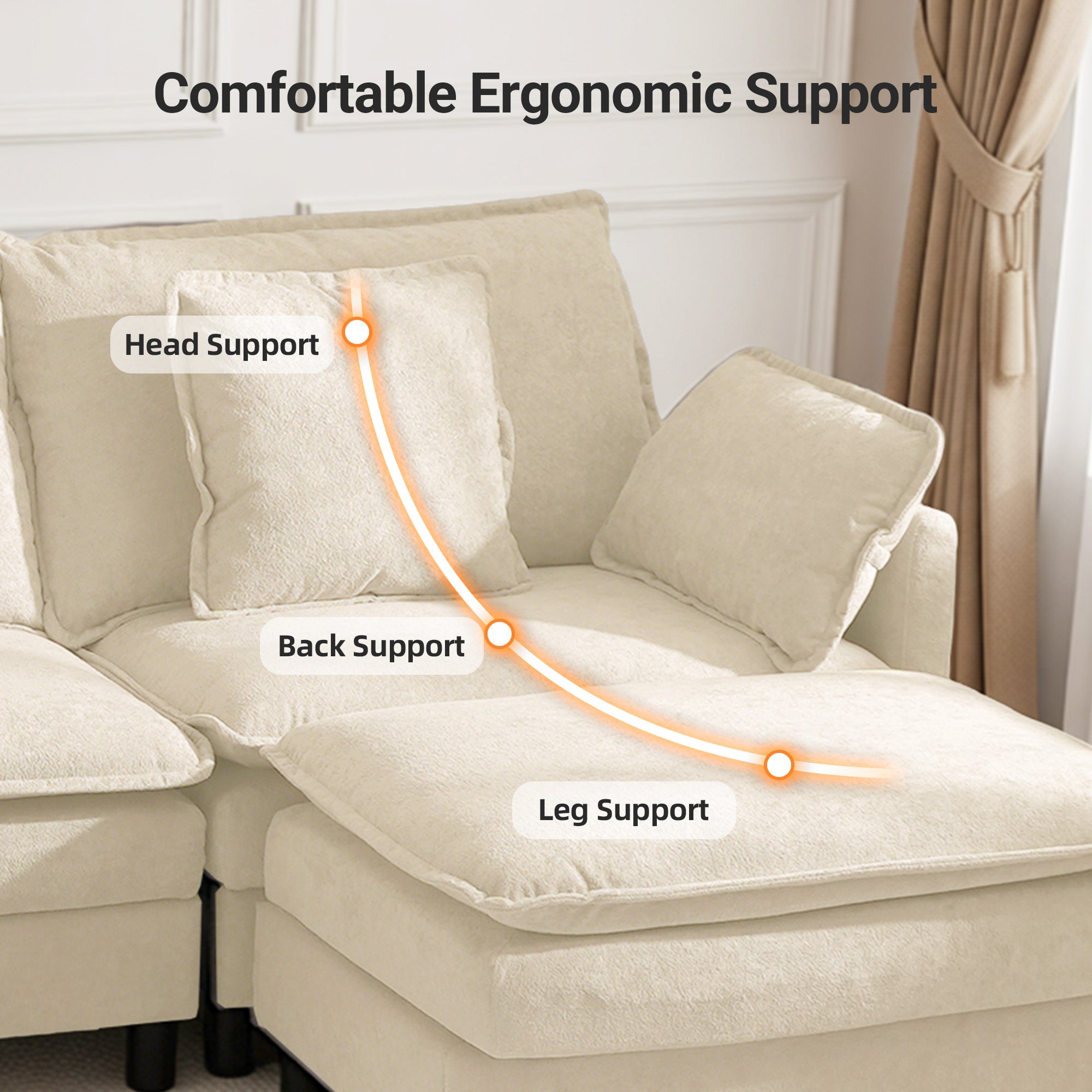 Claiks 110" Modular Sectional Sofa, Cloud Couch with Ottoman, L-Shaped 4-Seater Sofa in Chenille Fabric, Deep Seat Comfy Couch with Pillows for Living Room & Offices, Beige