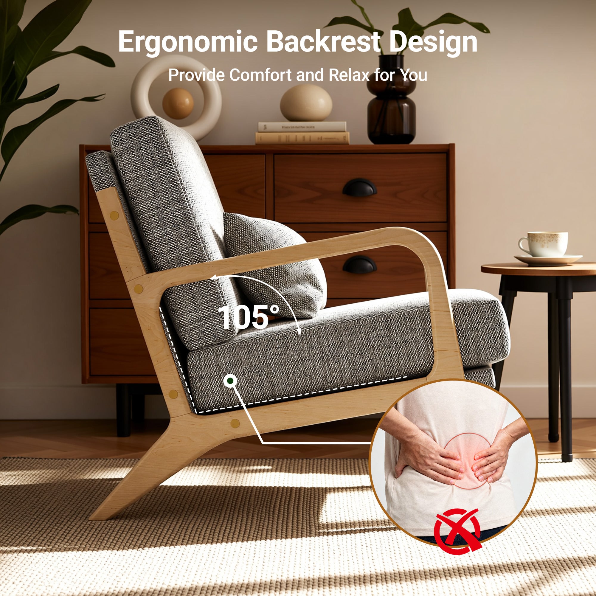 Claiks Mid-Century Modern Accent Chair, Living Room Armchair with Solid Wood Frame & Lumbar Pillow, Comfy Upholstered Lounge Chair for Bedroom, Office, Corduroy, Beige