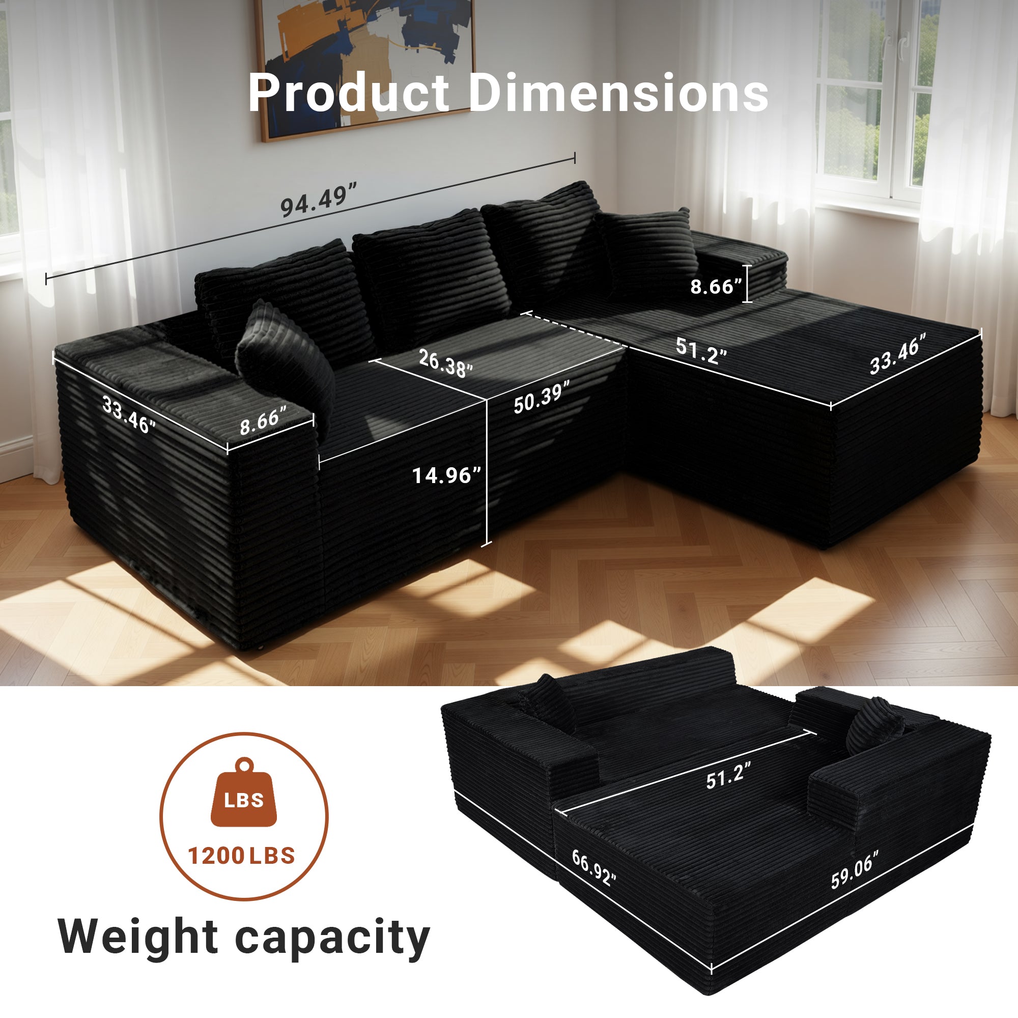 Claiks Boneless Couch, Cloud Couch Sectional, L-Shape Corduroy Modular Sectional Sofa Deep Seat, Upholstered Couches for Living Room, No Assembly Required, Black, Right Facing Chaise