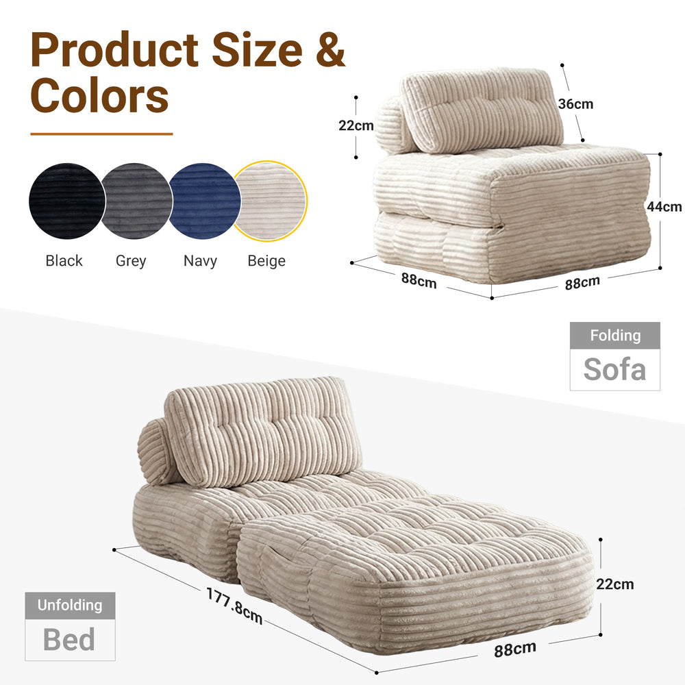 Claiks Chair Bed Single Sofa Bed with Pillow, Corduroy,  Soft corduroy fabric, ideal for guest rooms and small spaces, supportive shredded foam, folds into a comfy chair or bed
