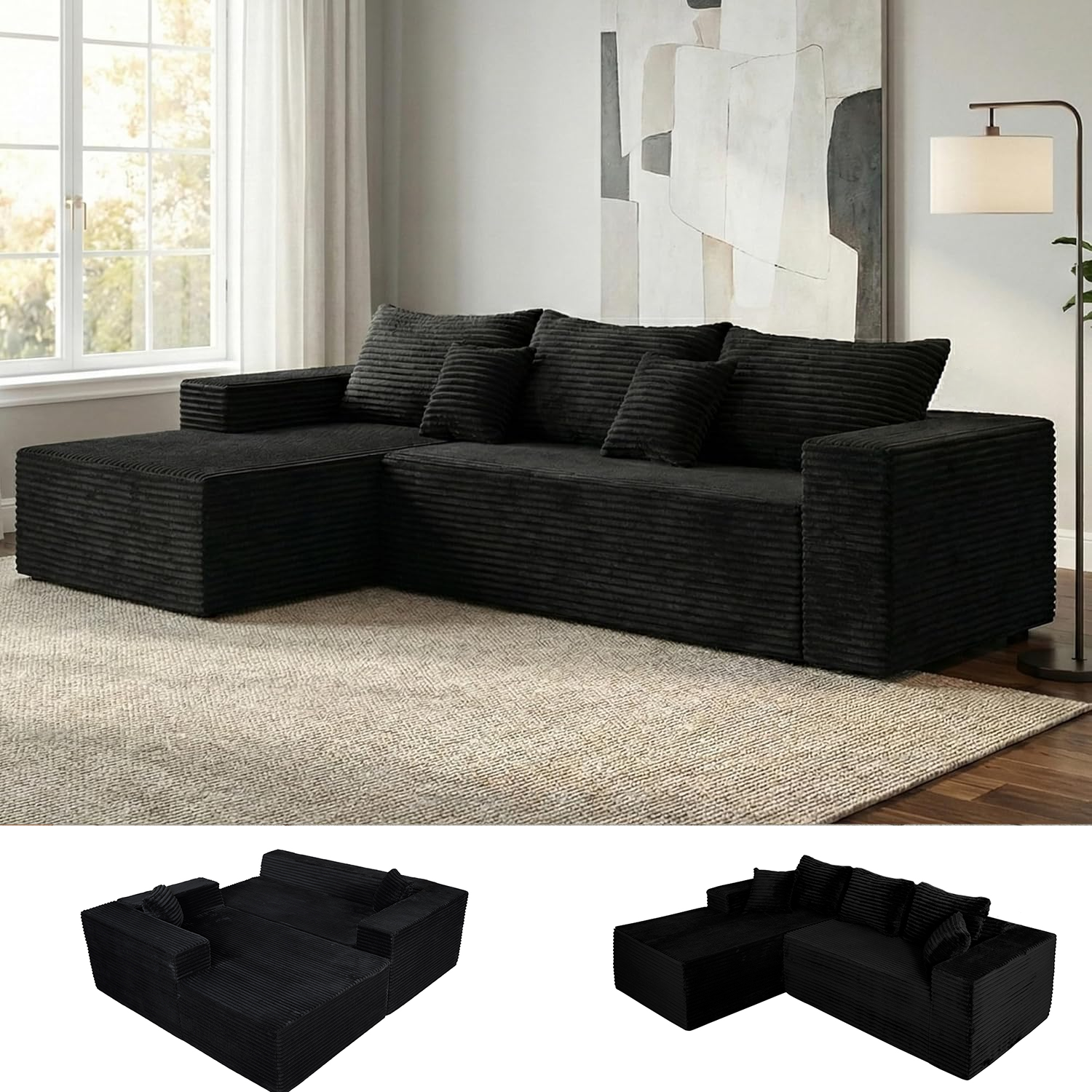 Claiks Boneless Couch, Cloud Couch Sectional, L-Shape Corduroy Modular Sectional Sofa Deep Seat, Upholstered Couches for Living Room, No Assembly Required, Black, Right Facing Chaise